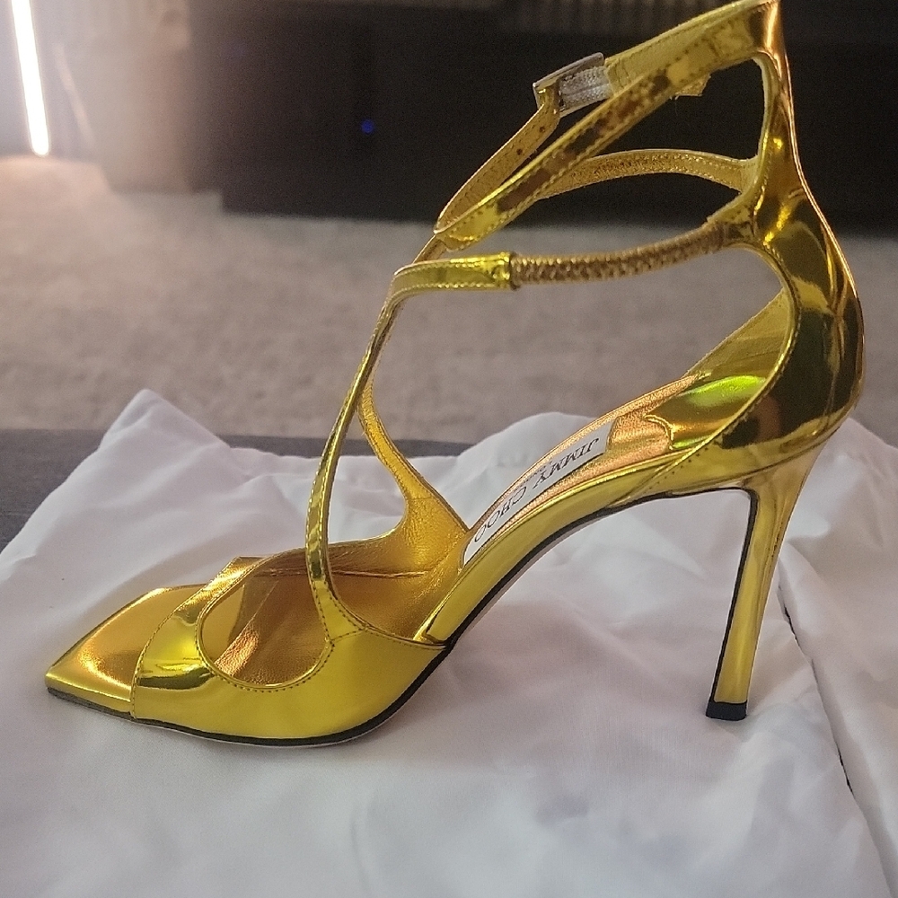 Jimmy Choo Azia 110 Gold Liquid Metal Leather Sandals Gold Strappy Heels - Picture 2 of 6